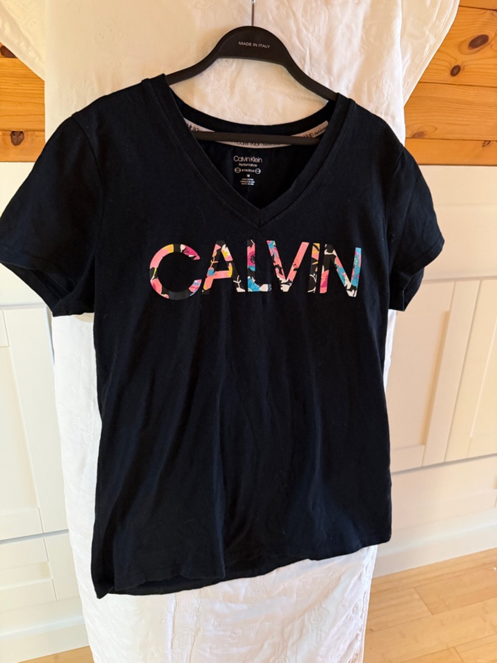 Calvin Klein Performance Black V-Neck Tee with Multicolor Floral Logo